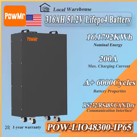 PowMr 51.2V 316Ah LiFePO4 Home Energy Storage Battery with 16.18kWh Capacity Stackable Parallel BMS 