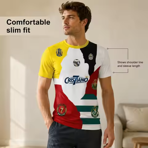 Men Ronaldo No.7 Football Jersey Multi Club Badge Split Color Full Front Back Print CR7 Fan Sports T