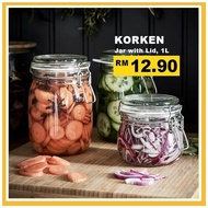 IKEA KORKEN Balang Berpenutup Kaca 1L 1.8L Balang Raya Kuih Biskut Air Tight Kedap Udara Kecil Jar With Lid Clear Glass