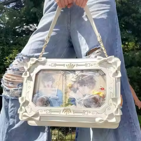 Bowknot Decor Y2k Lolita Itabag Girl Transparent Pocket Harajuku Pain Handbag Chain Japanese Shoulde
