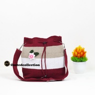 Korean style floral drawstring ring women's sling bag made of thick knit material in many colors