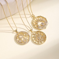 Gold Tone Micro Pave CZ Sun/Moon/Circle Pendant Necklaces, Retro Astrology Charm Necklaces, Fashion 
