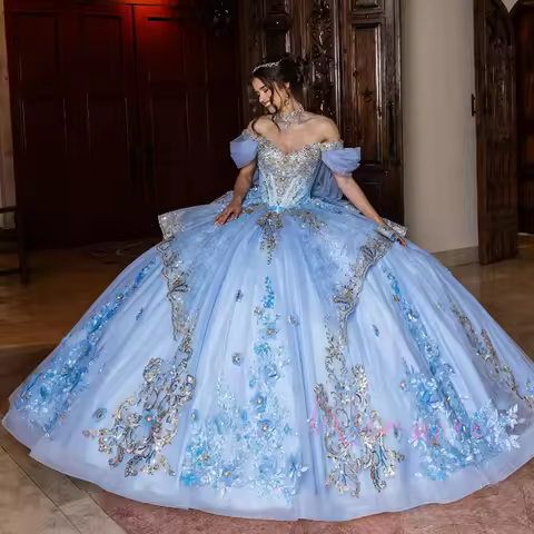 Sophie Store Customized Gorgeous Sky Blue Gold Quinceanera Dress With Bow Train Applique Ball Gown P