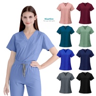 NiaaHinn Fashion Elastic Wrinkle Resistant Breathable Baju Scrub Suit Medical for Woman Men plus size Doctor Nurse Uniform【Short Sleeves V-neck Top+ Jogging Pants】