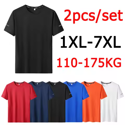 2pcs Summer T-shirt for Men Plus Size 7XL Sport Quick Dry T-shirt Round Neck Short Sleeve Big Oversi