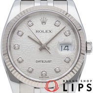 二手勞力士 Datejust 36 男士腕錶，五珠鍊，10 鑽，電腦顯示錶盤，Datejust 男士腕錶 116234G(D淨化草本)，帶原裝錶盒和保固卡，18K 白金/不銹鋼材質，銀色，拋光處理，2