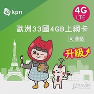 歐洲33國KPN 4GB上網卡吃到飽