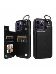 Iphone 15 14 13 12 11 Pro Max Xr X Xs Max錢包式手機殼,配有卡片軸扣,環扣pu皮革支架卡槽殼,雙重磁扣和耐震殼,黑色