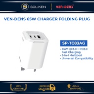 VEN-DENS SP-TC83AG 65W Charger USB & Type-C 3 in 1 Multi-Port QC3.0 & PD3.0 Charger Folding Plug