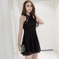 韓國新款 - 韓版OL掛頸入膊透視蕾絲修身小性感連身裙