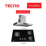 (HOOD + HOB) Tecno KA 9980 / KA9980 (90cm) High-suction Chimney Cooker Hood + Tecno T 23TGSV / T23TGSV 3-Burner Glass Cooker Hob with Inferno Wok Burner Technology