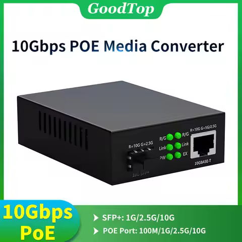 GoodTop 10Gb Fiber to RJ45 POE Media Converter RJ45 to SFP+ 10/100/1000M/2.5G/10G Ethernet Converter