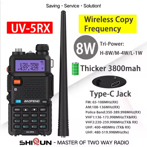 UV-5RX Baofeng Walkie Talkie 8W Type-C Charging 3800mAh M-5R Six-Band Wireless Copy Frequency AM 128