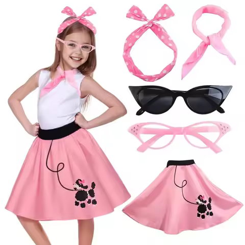 ❤★❤Girls Poodle Skirts 50s Sock Hop Costume Retro Decades Day Outfits 1950s Vintage Pink Lady Grease