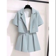 日韓風格藍色小香風西裝設計兩件套 套裝 外套短褲 blue jacket and shorts one set