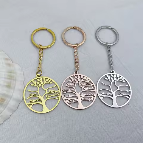 Tree of Life Pendant Keychain with 1-9 Names Stainless Steel Custom Women Jewelry Key Rings Personal
