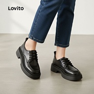 Lovito Vintage Plain Retro British Style Tali Ikat Kasut Loafer Hitam Kulit Perempuan Jk Boat Shoes 