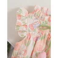 Summer New Cute Rabbit Sleeveless Children'S Clothes, Sweet Little Floral Baby Dress（0-4 Year Old Ba