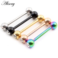 Alisouy 2 Pieces 14G/16G Cubic Zircon Ball Stainless Steel Tongue Rings Piercing Septum Industrial B