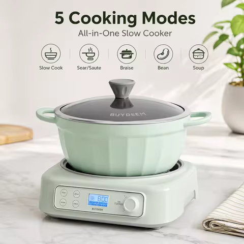 BUYDEEM 5-in-1 Slow Cooker 4.7QT, Electric Crockpot with Removable Nonstick Pot, Slow Cook Sear Saut