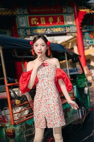 ชุดตรุษจีน2026 look9 เดรสแขนพองแดง