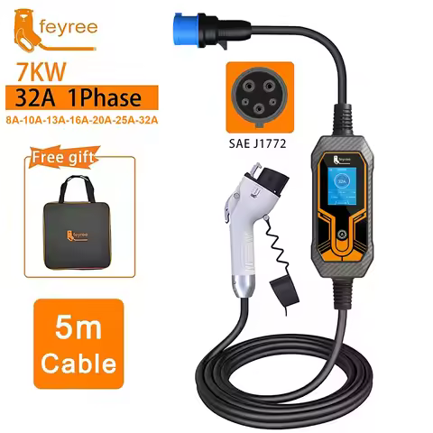 feyree Type1 j1772 7kW 32A 1Phase Portable EV Charger Wallbox with CEE Plug EVSE Charging Box for El
