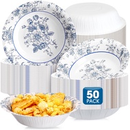 SiliFine 50 Pcs 16 oz Blue Floral Paper Bowls Blue and White Flowers Round Disposable Bowls Serving 