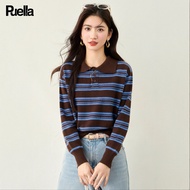 puella | เสื้อไหมพรมสตรีปolo คอปก สไตล์ Casual ลายขวางและสีบล็อก ทรงหลวม