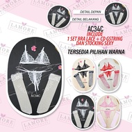 Women's Underwear Bra Set G String + White Lace Stockings Ac34C