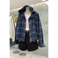 Textured High-End Short Medium Retro Plaid Shirt Loose Denim Hooded Jacket 2025 Top Early Spring Wea
