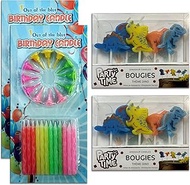 60 Piece Birthday Candle Set for Cakes: 48 Colourful Candles, 24 Holders & 12 Dinosaur Candles Birth