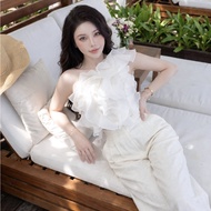 Set of off-the-shoulder ruffled top + elegant women's wide-leg pants HB.Studio S108