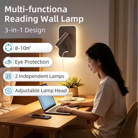 Modern Led Wall Sconce Reading Light USB Type-C Charging Ports Rotatable Reading Spotlight Bedside B