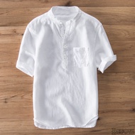 ✨[Local Delivery] Men polo shirt White Beach Polo Linen Chinese Collar Short Sleeved bohemian Casual