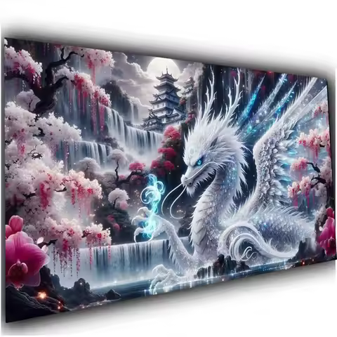 Ice Dragon Fantasy Landscape Waterfall Animal DIY 5D Diamond Painting Pink Orchid Full Mosaic Diamon