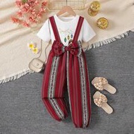 2pcs/Set Toddler Girls' Middle Eastern Solid Color Round Neck T-Shirt Top With 3D Bow Suspender Pant