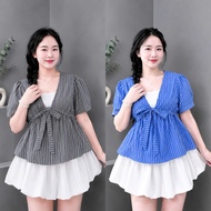 Set of big-size shirt with puffed sleeves and striped waist to flatter your figure, cute lined pumpk