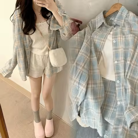 Fashion Loose Women Plaid Shirt Long Sleeve Fresh College Blouse Top Oversized Breathable Female Che