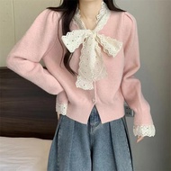 [HZA] Sweater Women's Lace Bow Collar Coat Top