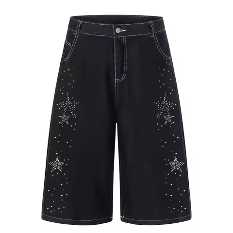Women's Y2K Streetwear Cropped Jeans 2026 Summer New High Waist Star Rhinestone Wide Leg Casual 7-Po