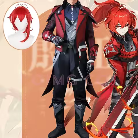 Genshin Impact Diluc Cosplay Costume Uniform Wig Anime Halloween Costumes Game Red Dead of Night Ski