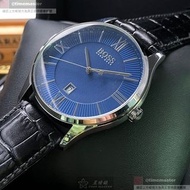BOSS手錶,編號HB1513553,42mm銀圓形精鋼錶殼,寶藍色簡約, 時分秒中三針顯示錶面,深黑色真皮皮革錶帶款,聚會婚禮好物!