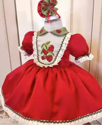0-12Y Girl Summer Strawberry Embroidery Turkish Vintage Princess Red Dress for Christmas Easter Eid 