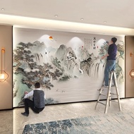 [48H Shipping] TV background wall mural in new Chinese style with landscape painting and flowing wat