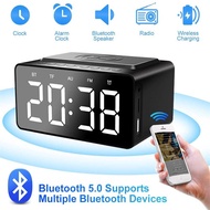 Alarm Clock Bedside Bluetooth Speaker FM Radio with USB Charger &amp; Wireless QI Charging 3 Level Digital Dimmable Led