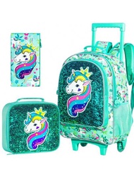 3 Piezas / Set Mochila De Diseño Con Lentejuelas En Forma De Unicornio Para Niñas Con Tiras Reflectantes, Cierre De Cremallera Doble, Mango Extensible, Caja De Almuerzo Y Estuche De Lápices Desmontable, Fondo Plegable Para Almacenamiento