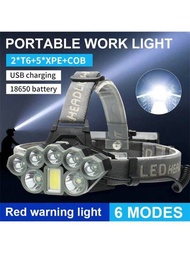 可充電超亮8LED工作頭燈，最亮USB可充電頭燈，6+2模式防水可變焦頭燈，最適合成人露營、釣魚、遠足、戶外狩獵使用