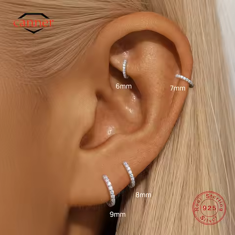 CANNER 1PC 6/7/8/9mm Moissanite 925 Sterling Silver Hoop Earrings Women Round Circle Piercing Earing