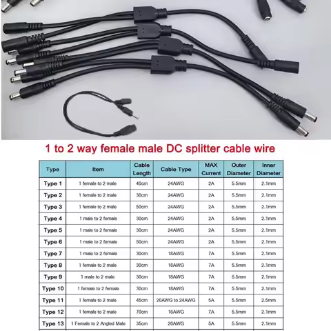 13 types 12v DC Male female Power supply Splitter Adapter to 2 way dual male Female Cable Plug 5.5*2