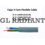 [PER METER] FAJAR ***WITH SIRIM*** 1.0MM / 1.5MM / 2.5MM 3 Core Flexible Cable Core 100% Pure Copper  [PER METER]